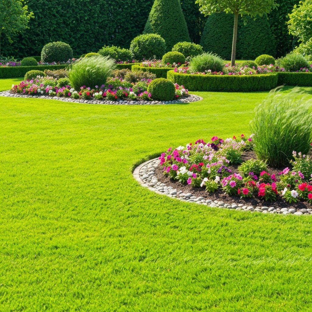 Lush green lawn with landscaping